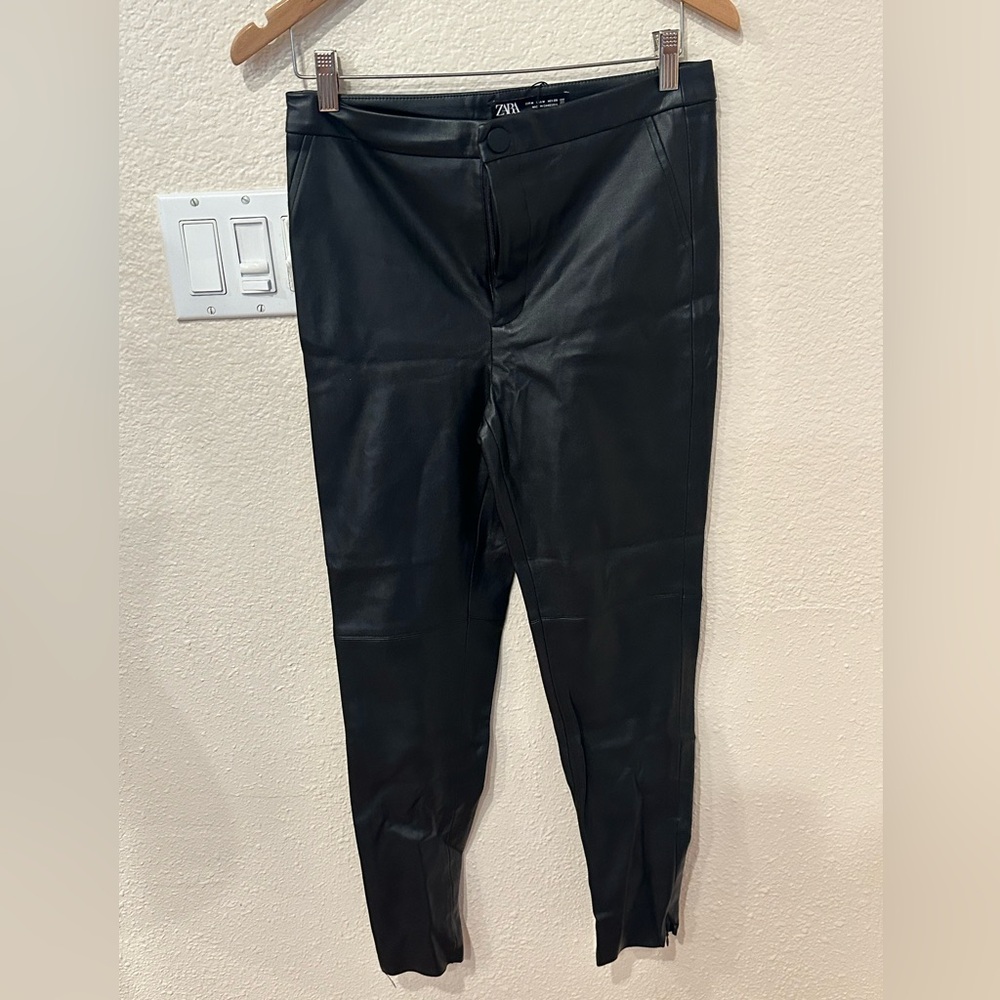 Zara Pants Womens Medium Black Faux Leather Skinny Leg Moto High Waist